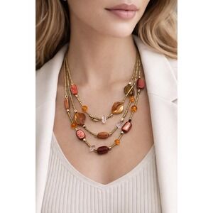 Layered Beaded Necklace Brass Tone Amber Earthy‎ Stones Minimal Boho Chic